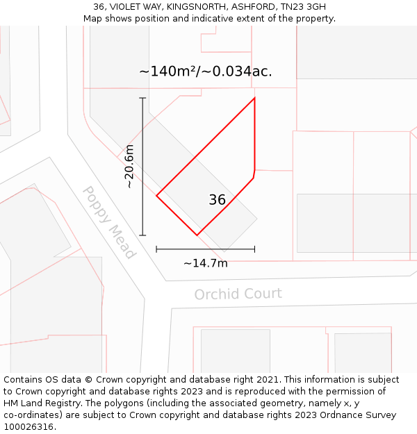 36, VIOLET WAY, KINGSNORTH, ASHFORD, TN23 3GH: Plot and title map