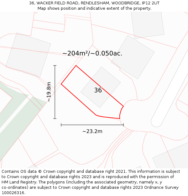 36, WACKER FIELD ROAD, RENDLESHAM, WOODBRIDGE, IP12 2UT: Plot and title map