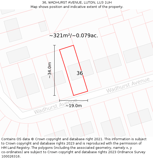 36, WADHURST AVENUE, LUTON, LU3 1UH: Plot and title map