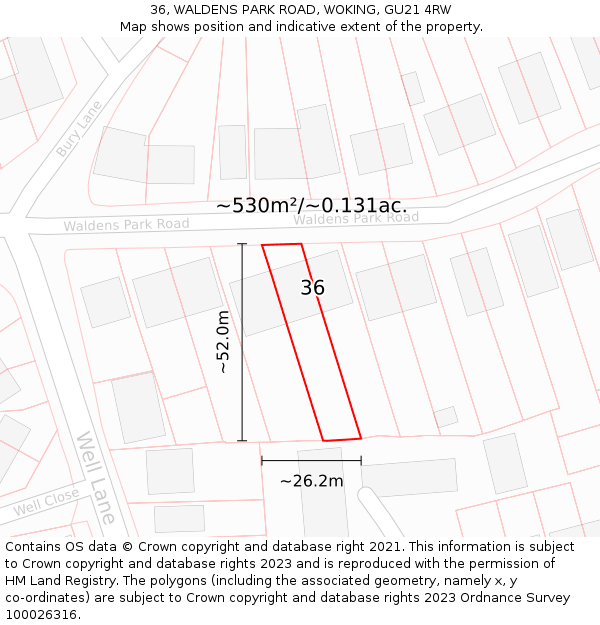 36, WALDENS PARK ROAD, WOKING, GU21 4RW: Plot and title map