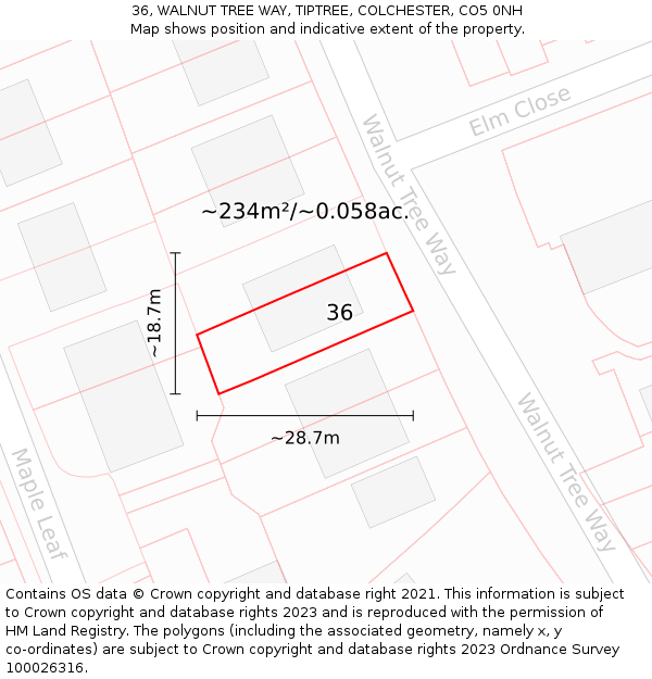 36, WALNUT TREE WAY, TIPTREE, COLCHESTER, CO5 0NH: Plot and title map