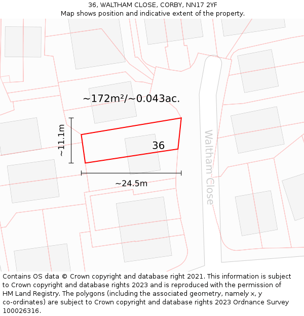 36, WALTHAM CLOSE, CORBY, NN17 2YF: Plot and title map