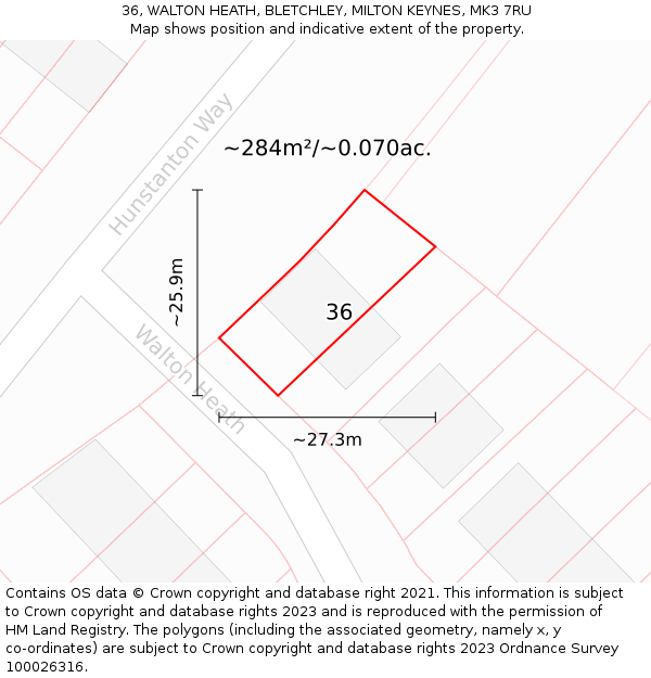 36, WALTON HEATH, BLETCHLEY, MILTON KEYNES, MK3 7RU: Plot and title map