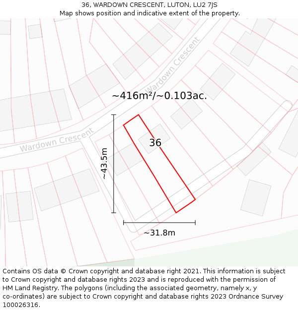 36, WARDOWN CRESCENT, LUTON, LU2 7JS: Plot and title map