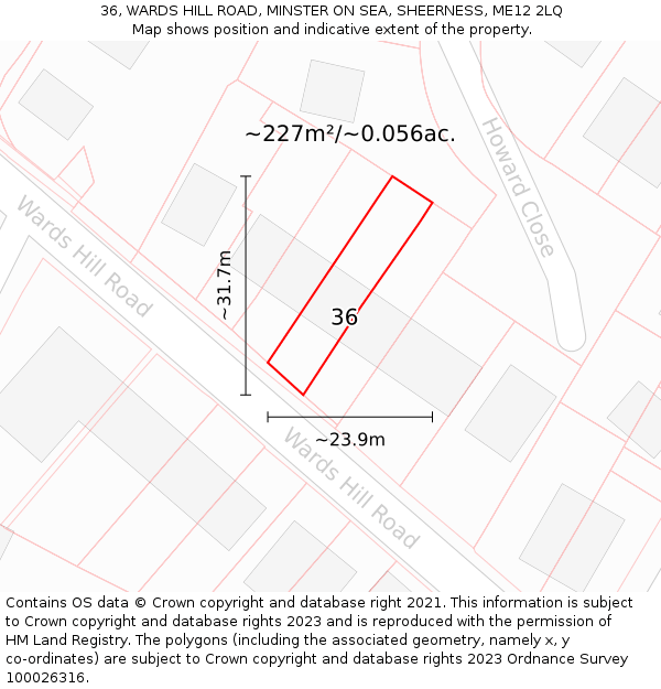 36, WARDS HILL ROAD, MINSTER ON SEA, SHEERNESS, ME12 2LQ: Plot and title map