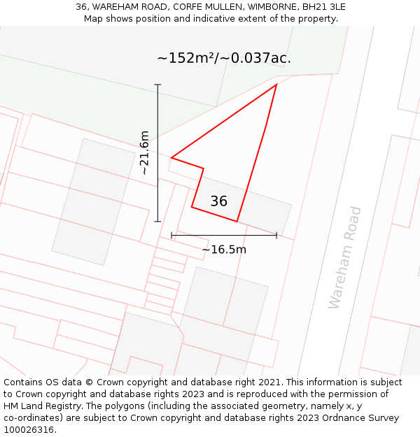 36, WAREHAM ROAD, CORFE MULLEN, WIMBORNE, BH21 3LE: Plot and title map