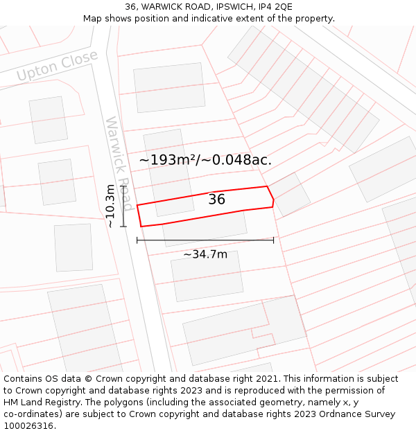36, WARWICK ROAD, IPSWICH, IP4 2QE: Plot and title map