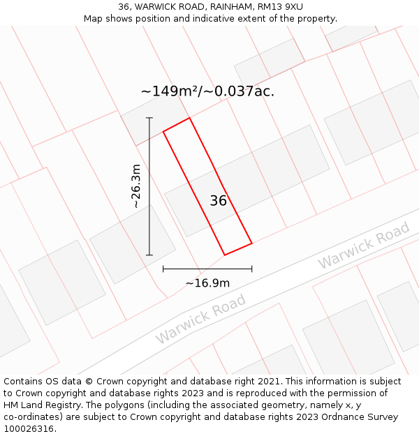 36, WARWICK ROAD, RAINHAM, RM13 9XU: Plot and title map