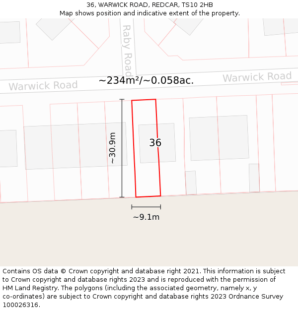 36, WARWICK ROAD, REDCAR, TS10 2HB: Plot and title map