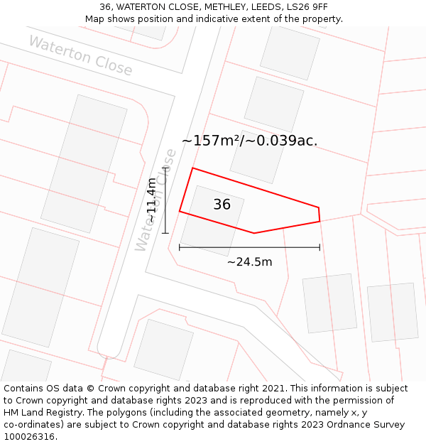 36, WATERTON CLOSE, METHLEY, LEEDS, LS26 9FF: Plot and title map