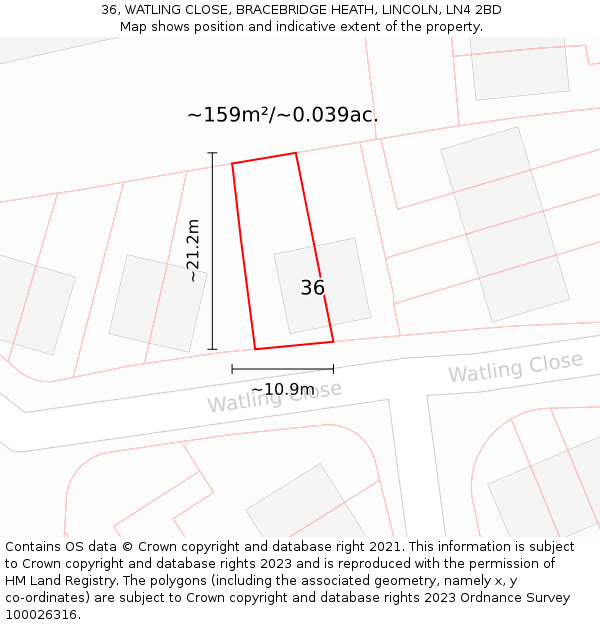 36, WATLING CLOSE, BRACEBRIDGE HEATH, LINCOLN, LN4 2BD: Plot and title map