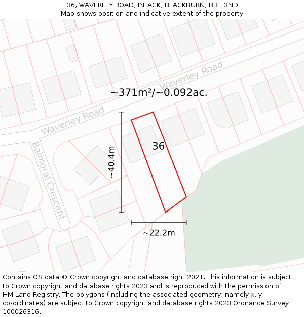 36, WAVERLEY ROAD, INTACK, BLACKBURN, BB1 3ND: Plot and title map