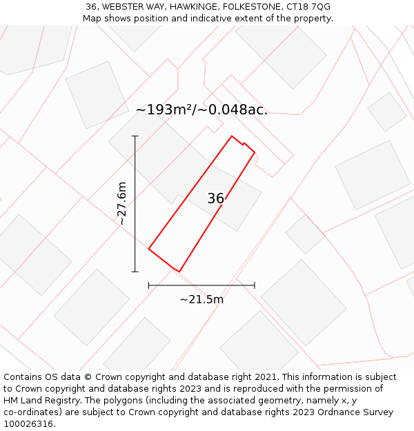 36, WEBSTER WAY, HAWKINGE, FOLKESTONE, CT18 7QG: Plot and title map