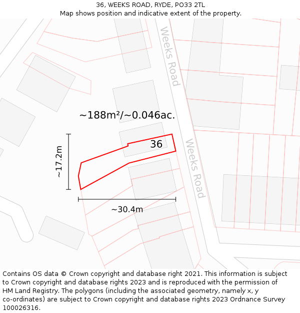 36, WEEKS ROAD, RYDE, PO33 2TL: Plot and title map