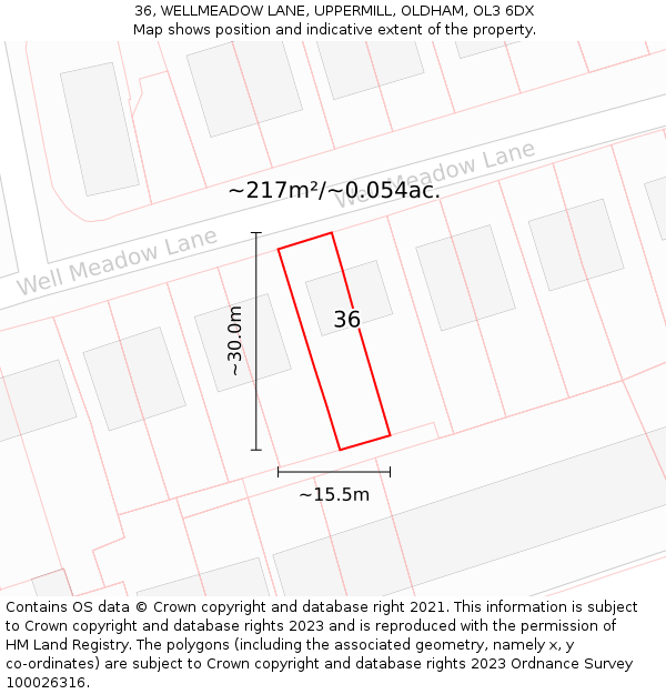 36, WELLMEADOW LANE, UPPERMILL, OLDHAM, OL3 6DX: Plot and title map