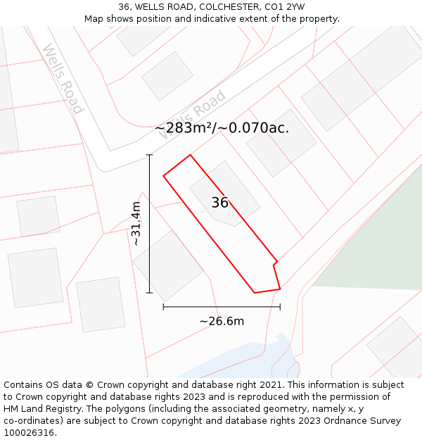 36, WELLS ROAD, COLCHESTER, CO1 2YW: Plot and title map