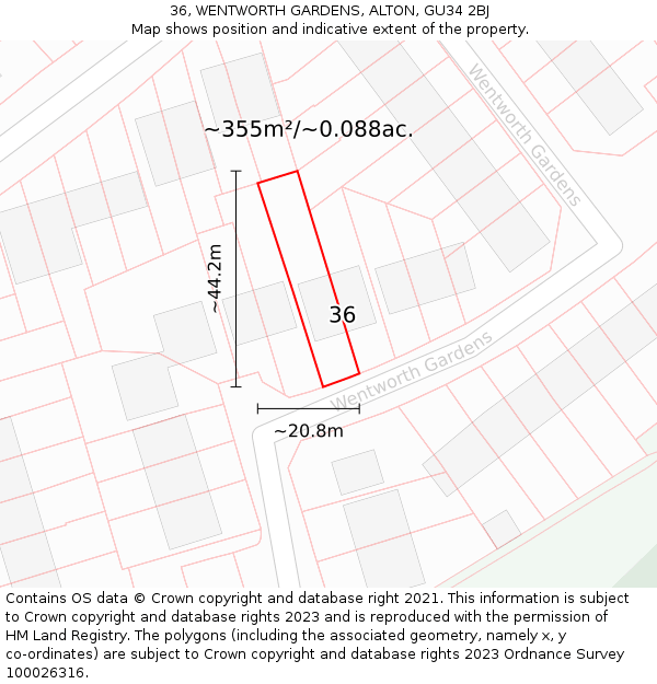 36, WENTWORTH GARDENS, ALTON, GU34 2BJ: Plot and title map