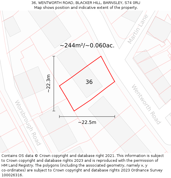 36, WENTWORTH ROAD, BLACKER HILL, BARNSLEY, S74 0RU: Plot and title map