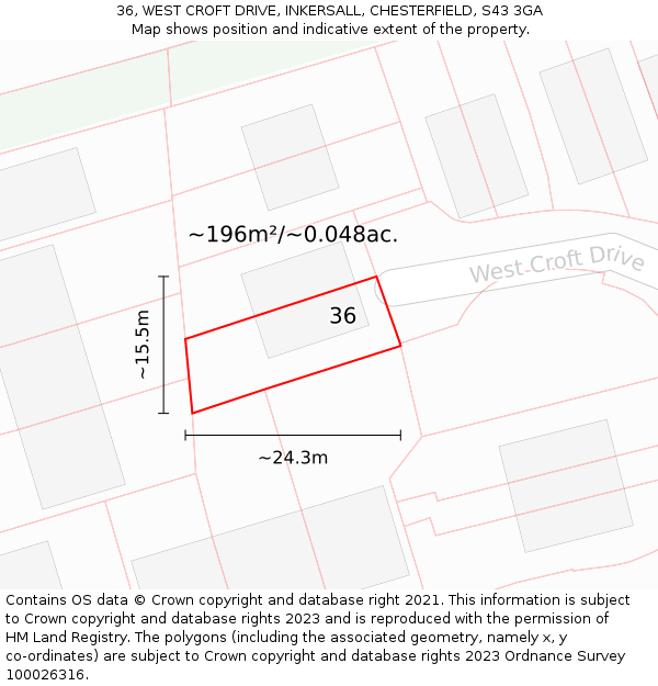 36, WEST CROFT DRIVE, INKERSALL, CHESTERFIELD, S43 3GA: Plot and title map