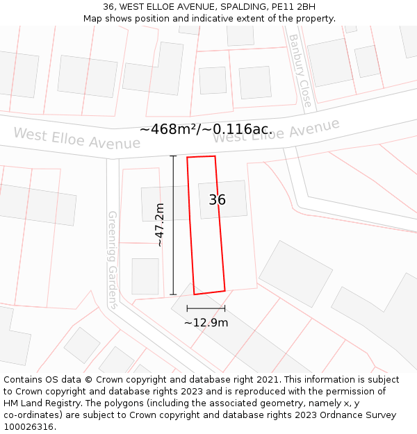 36, WEST ELLOE AVENUE, SPALDING, PE11 2BH: Plot and title map