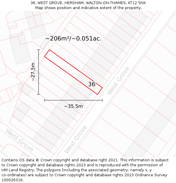 36, WEST GROVE, HERSHAM, WALTON-ON-THAMES, KT12 5NX: Plot and title map