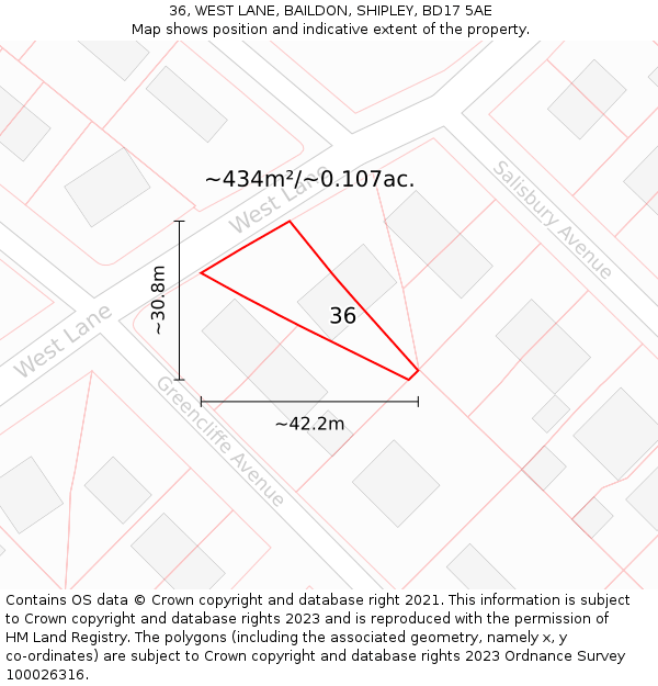 36, WEST LANE, BAILDON, SHIPLEY, BD17 5AE: Plot and title map