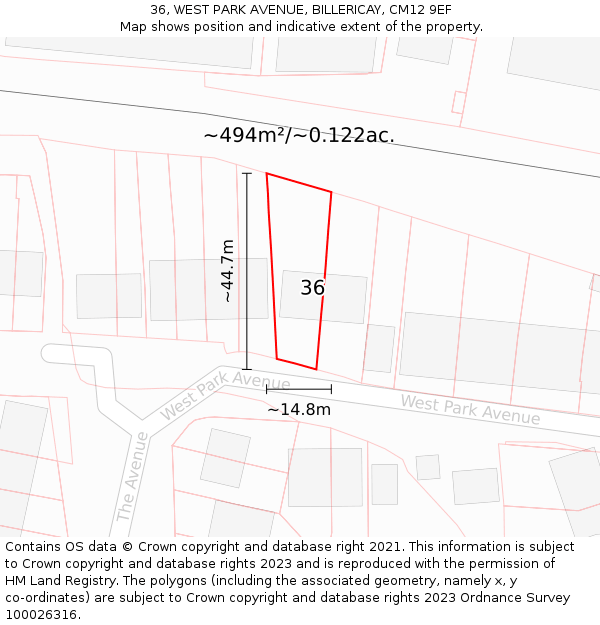 36, WEST PARK AVENUE, BILLERICAY, CM12 9EF: Plot and title map