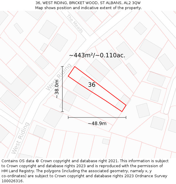 36, WEST RIDING, BRICKET WOOD, ST ALBANS, AL2 3QW: Plot and title map