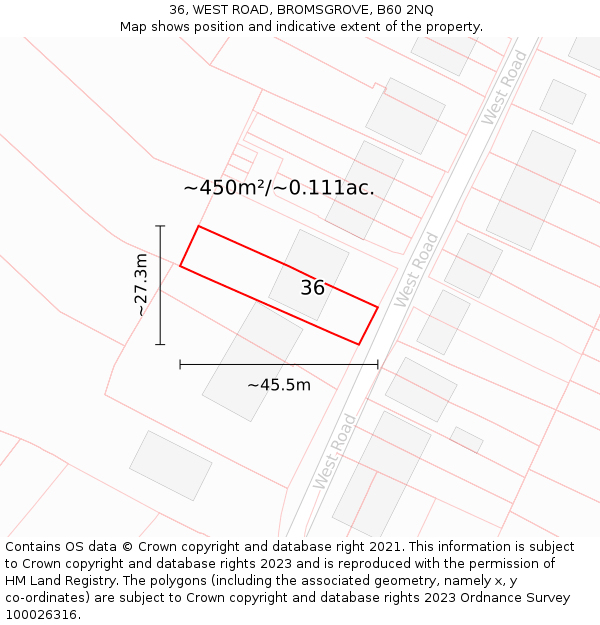 36, WEST ROAD, BROMSGROVE, B60 2NQ: Plot and title map