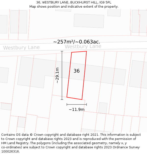 36, WESTBURY LANE, BUCKHURST HILL, IG9 5PL: Plot and title map
