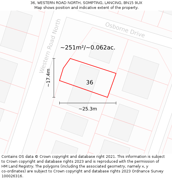 36, WESTERN ROAD NORTH, SOMPTING, LANCING, BN15 9UX: Plot and title map