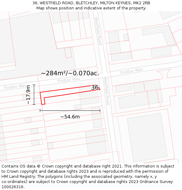 36, WESTFIELD ROAD, BLETCHLEY, MILTON KEYNES, MK2 2RB: Plot and title map