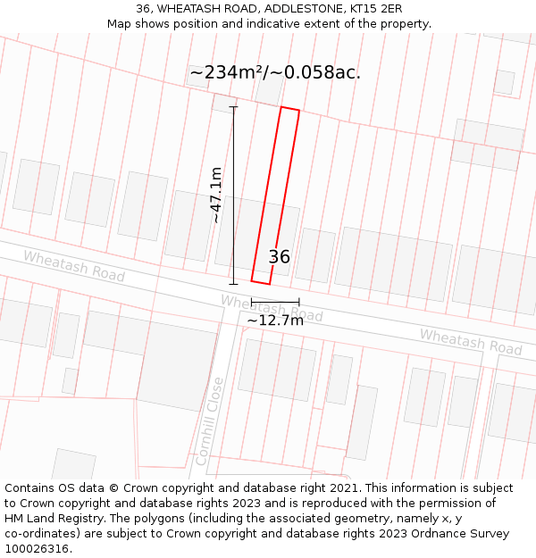 36, WHEATASH ROAD, ADDLESTONE, KT15 2ER: Plot and title map