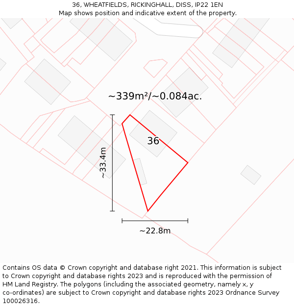 36, WHEATFIELDS, RICKINGHALL, DISS, IP22 1EN: Plot and title map