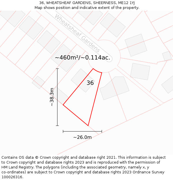 36, WHEATSHEAF GARDENS, SHEERNESS, ME12 1YJ: Plot and title map