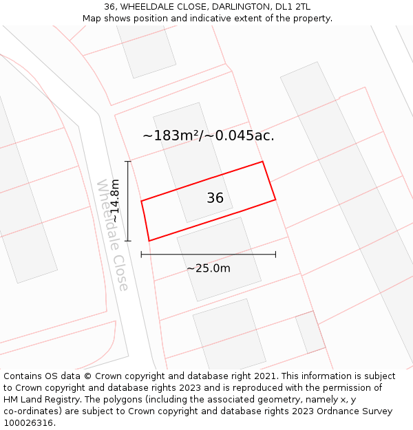 36, WHEELDALE CLOSE, DARLINGTON, DL1 2TL: Plot and title map