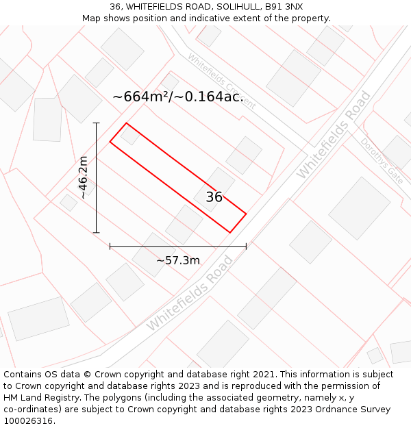 36, WHITEFIELDS ROAD, SOLIHULL, B91 3NX: Plot and title map