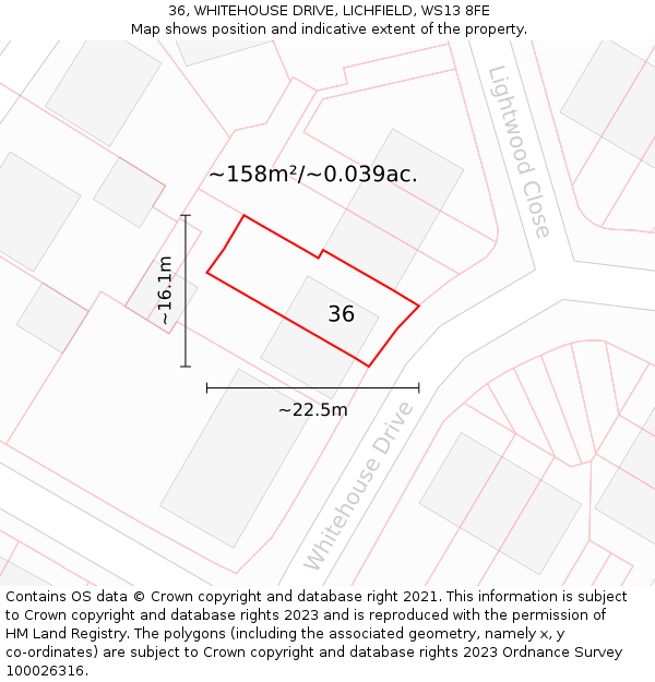 36, WHITEHOUSE DRIVE, LICHFIELD, WS13 8FE: Plot and title map