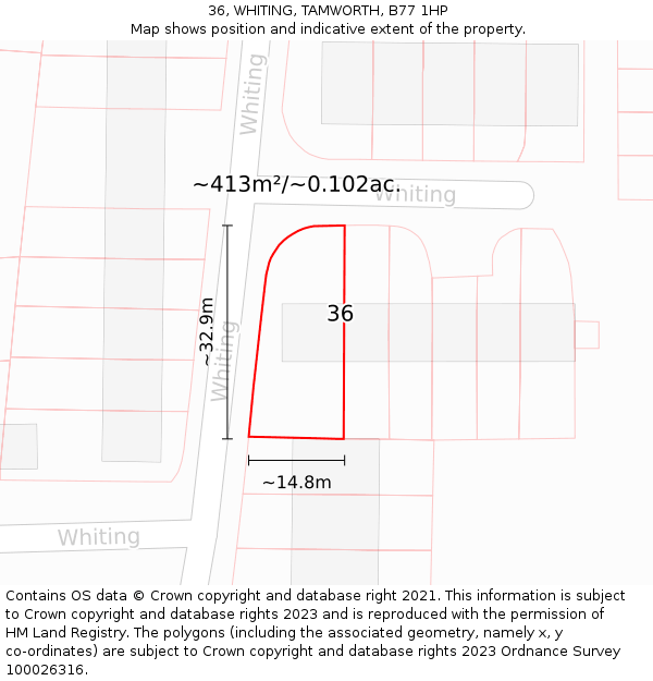 36, WHITING, TAMWORTH, B77 1HP: Plot and title map
