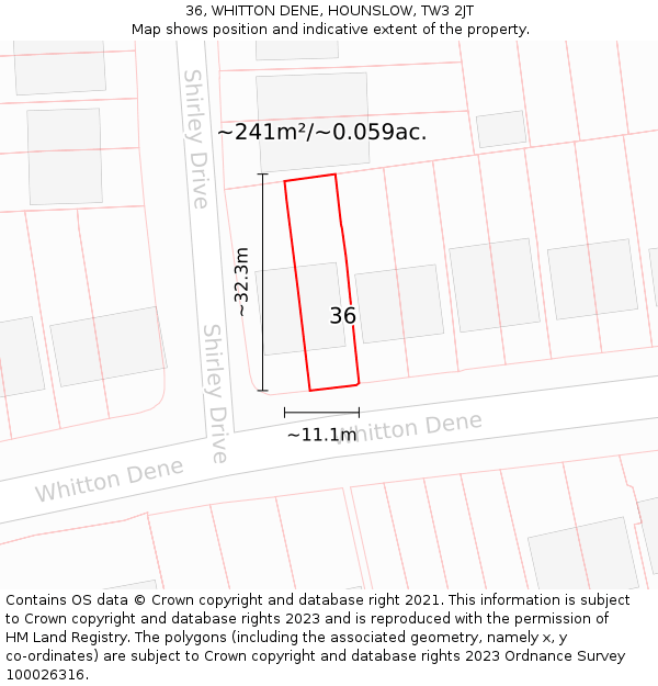 36, WHITTON DENE, HOUNSLOW, TW3 2JT: Plot and title map