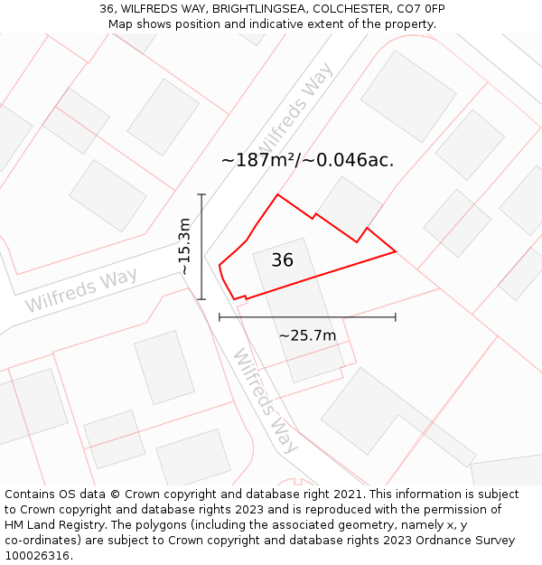 36, WILFREDS WAY, BRIGHTLINGSEA, COLCHESTER, CO7 0FP: Plot and title map