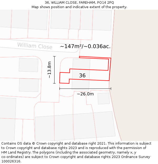 36, WILLIAM CLOSE, FAREHAM, PO14 2PQ: Plot and title map