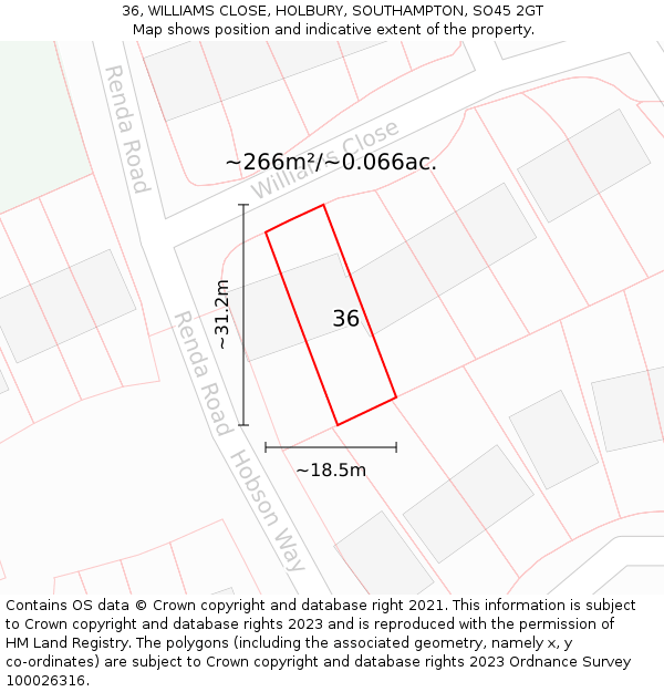 36, WILLIAMS CLOSE, HOLBURY, SOUTHAMPTON, SO45 2GT: Plot and title map