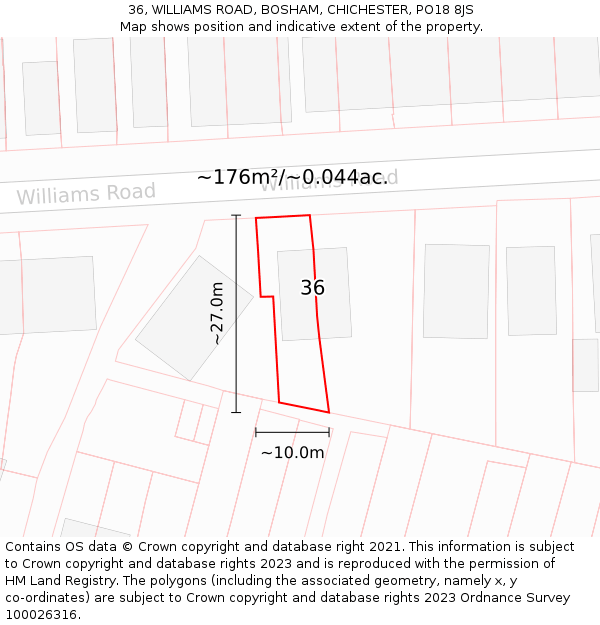 36, WILLIAMS ROAD, BOSHAM, CHICHESTER, PO18 8JS: Plot and title map