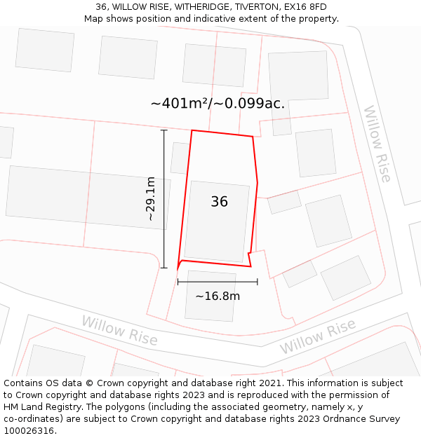36, WILLOW RISE, WITHERIDGE, TIVERTON, EX16 8FD: Plot and title map