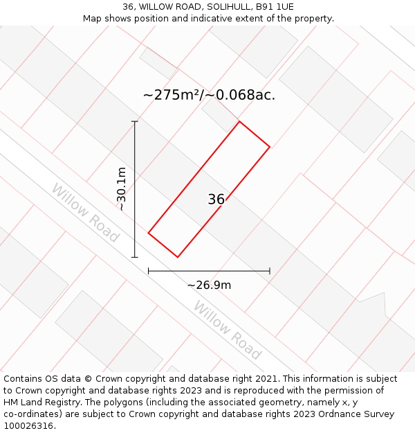 36, WILLOW ROAD, SOLIHULL, B91 1UE: Plot and title map