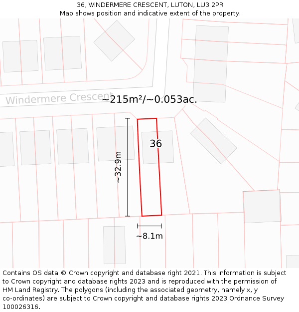 36, WINDERMERE CRESCENT, LUTON, LU3 2PR: Plot and title map