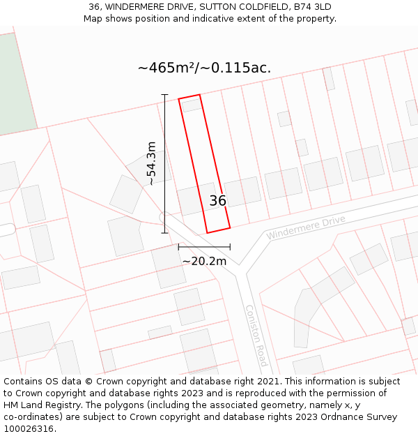 36, WINDERMERE DRIVE, SUTTON COLDFIELD, B74 3LD: Plot and title map