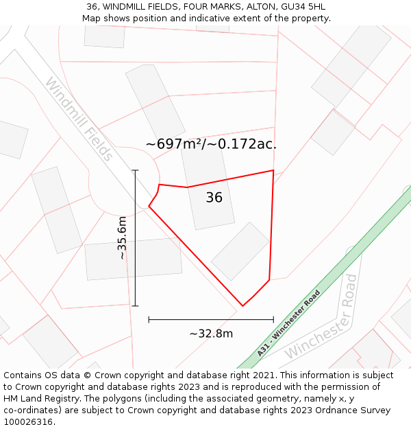 36, WINDMILL FIELDS, FOUR MARKS, ALTON, GU34 5HL: Plot and title map