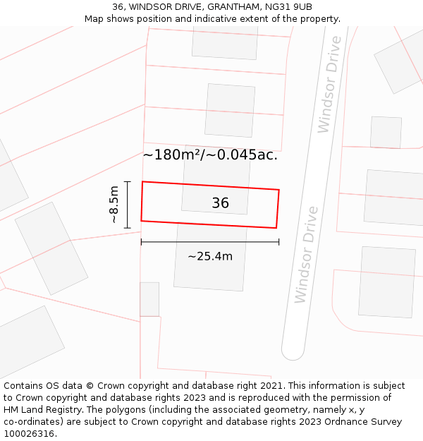 36, WINDSOR DRIVE, GRANTHAM, NG31 9UB: Plot and title map